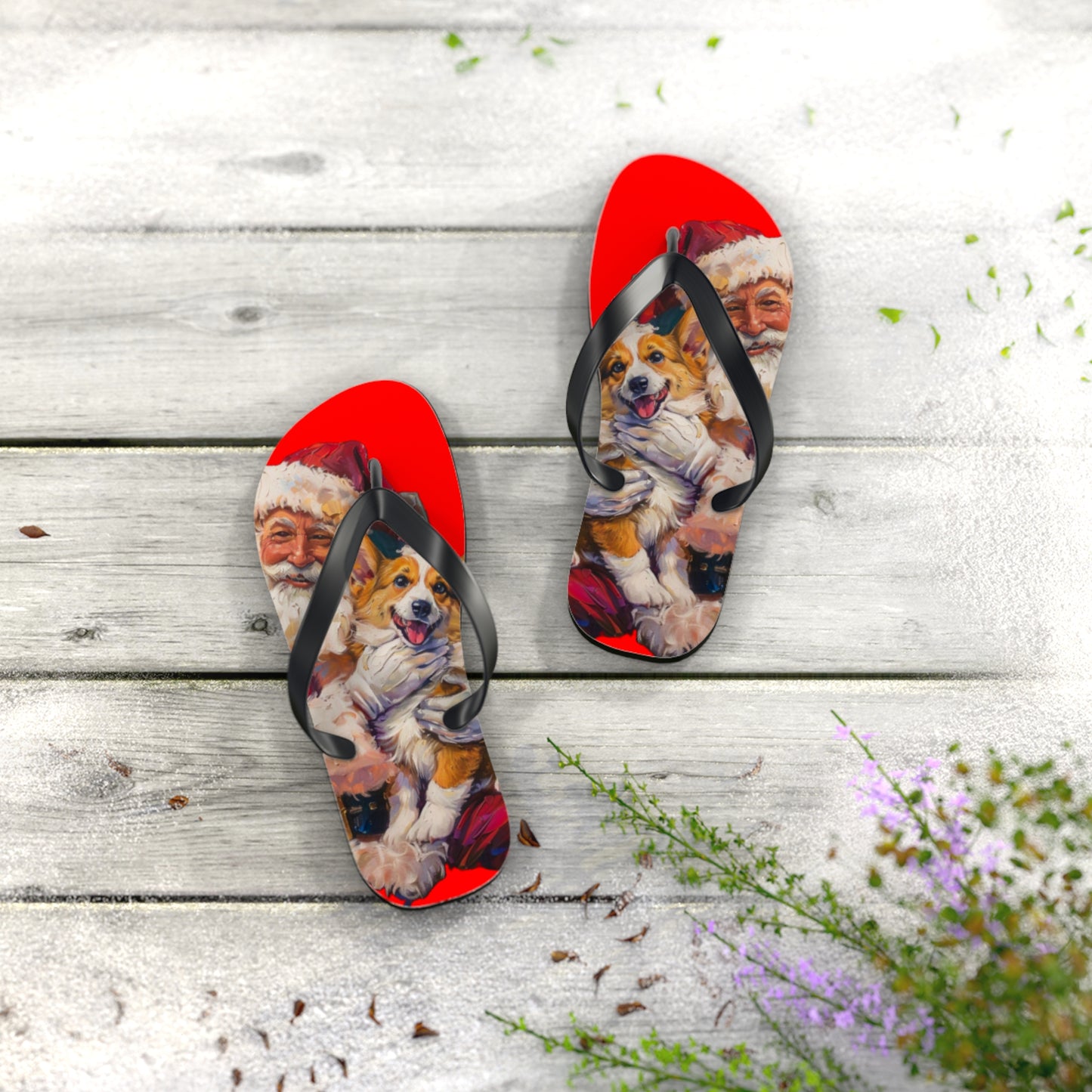 Christmas Corgi on Santa's Lap Custom Artistic Unisex Flip Flops – Festive Holiday Sandals