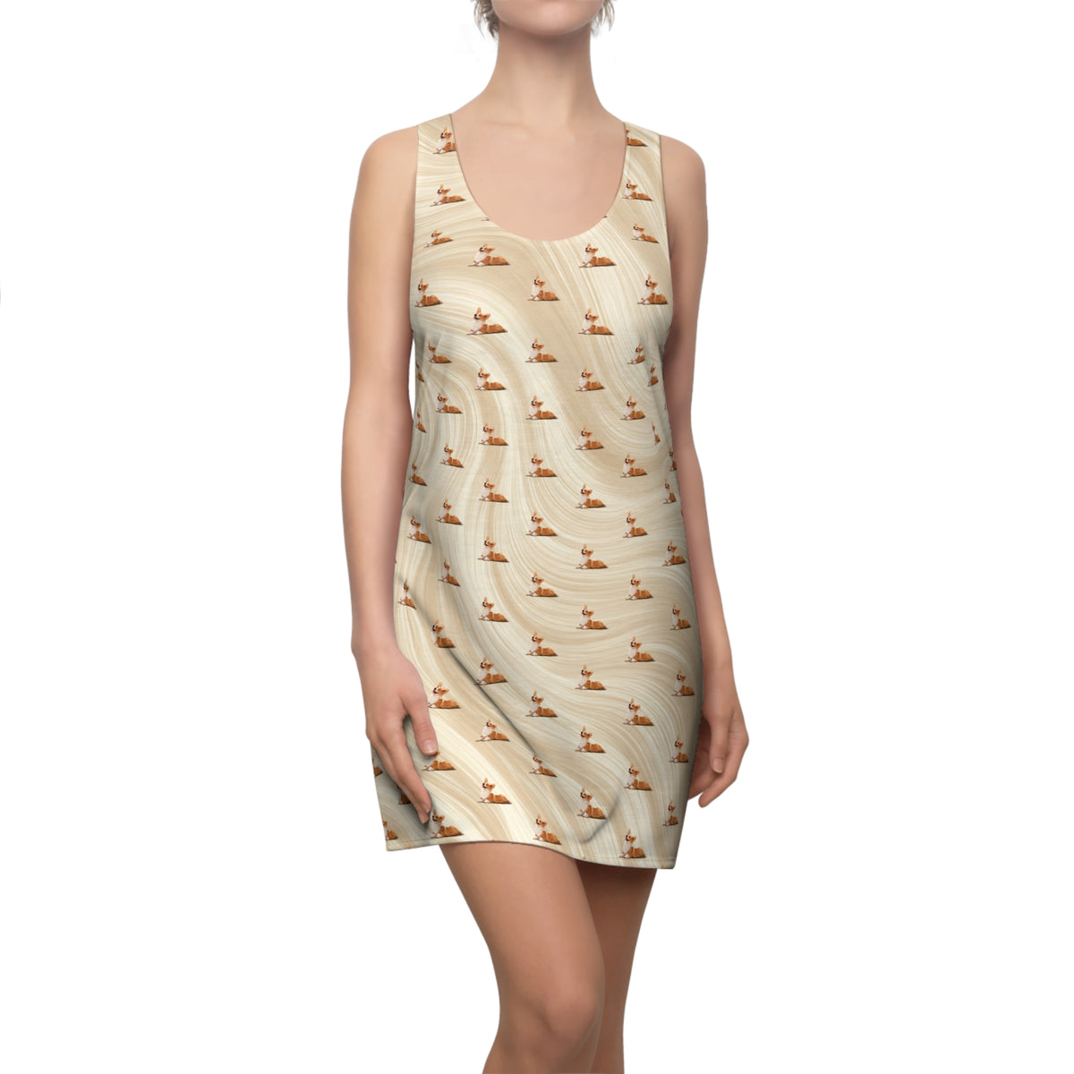 Giddy Sploot Repeater Pattern Racerback Sundress - Creamy Champagne Swirl Corgi Casual Dress