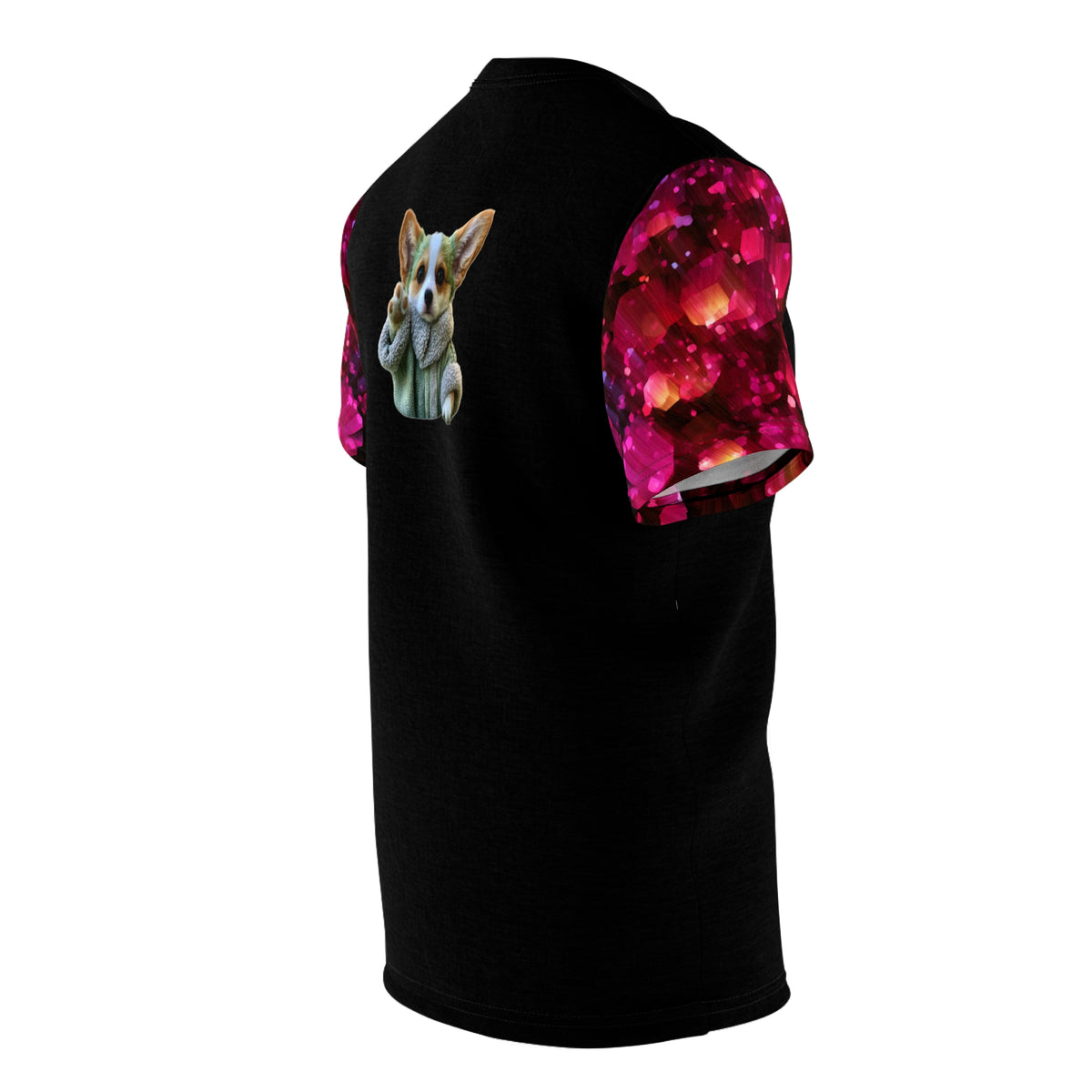 Baby Corgi Star Sage Unisex Bold Designer Tee — Phantom Black with Galaxy Glitter Geo-Sleeves (Part of the Astral Warrior Collection)
