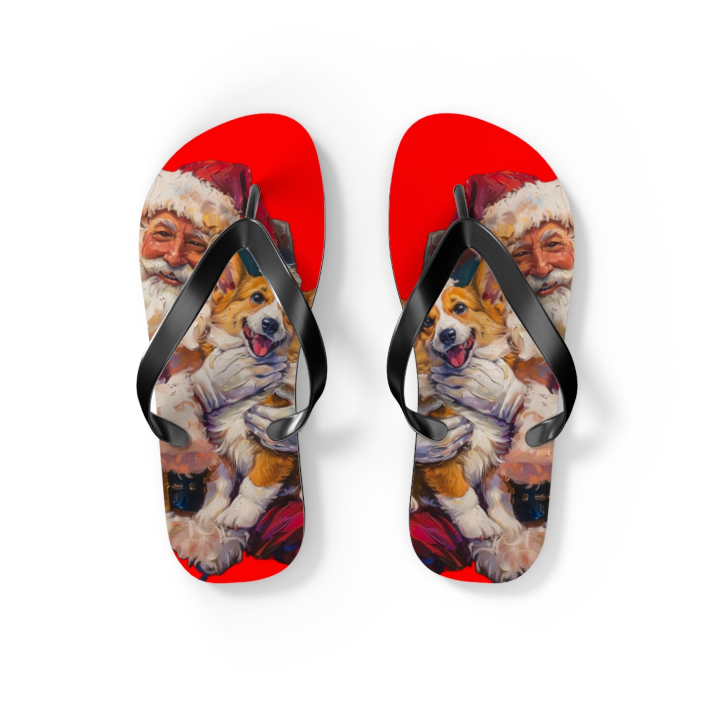 Christmas Corgi on Santa's Lap Custom Artistic Unisex Flip Flops – Festive Holiday Sandals