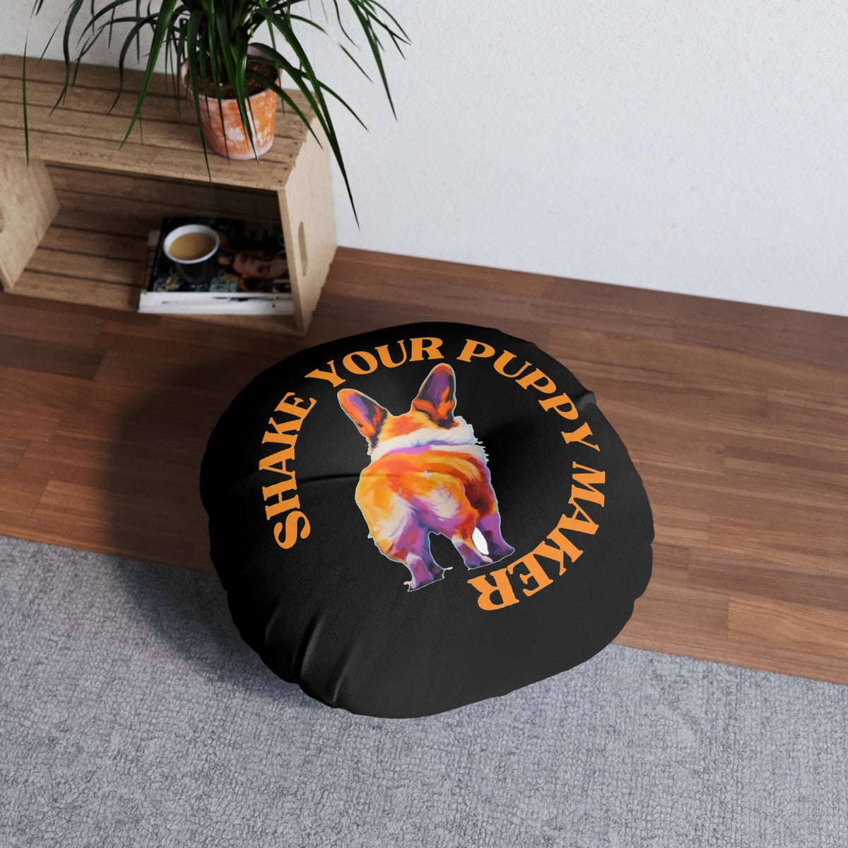 Shake Your Puppy Maker Round Floor Pillow — Black Corgi Butt Accent Cushion