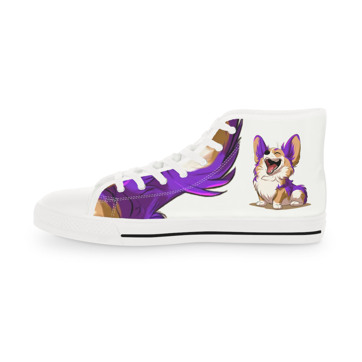 Purple Patch Men's High-Top Sneakers - Carefree Corgi on Marzipan White Canvas with Very Violet Fur-Effect Accents
