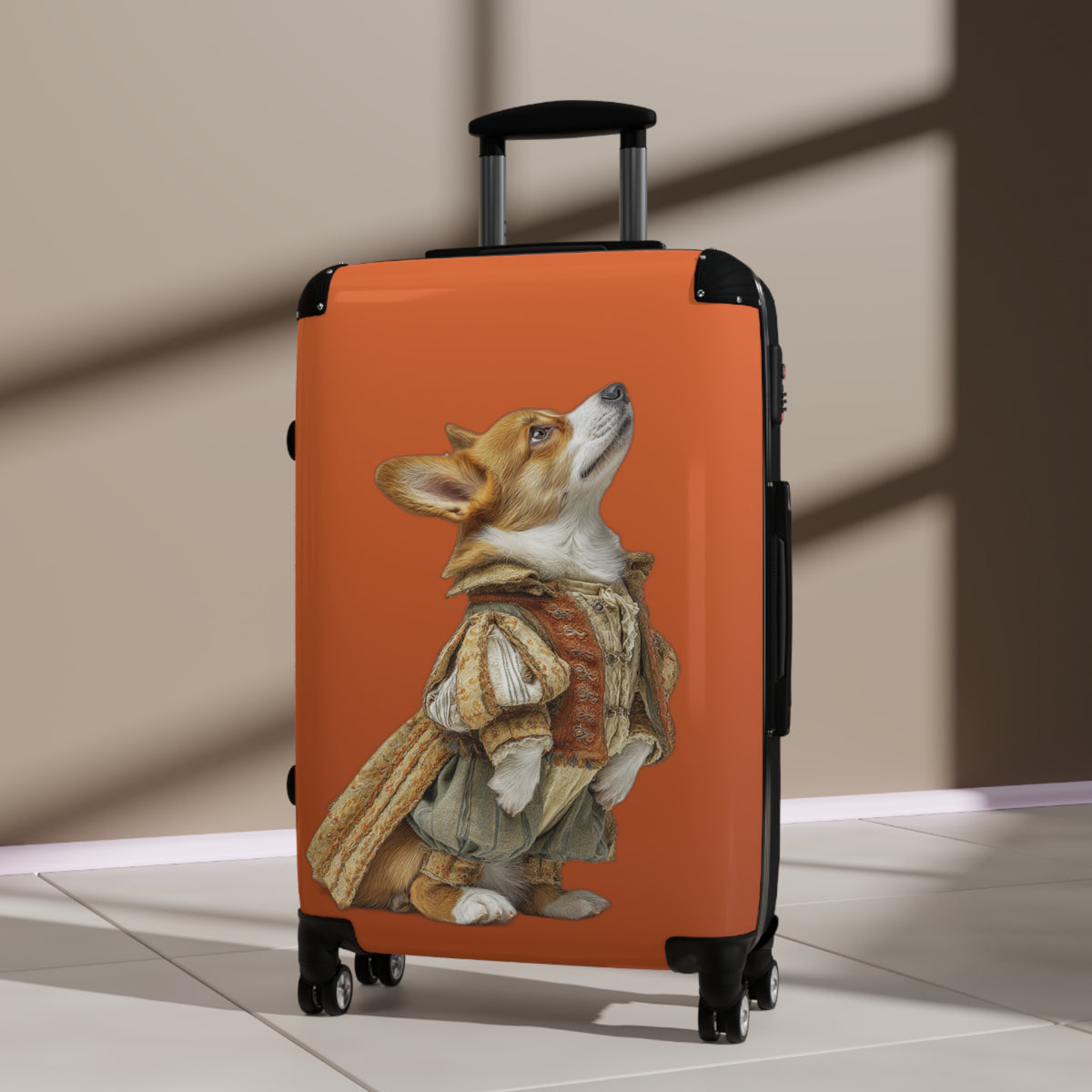 Prince Corgi Royal Travel Suitcases — Monarch Theme Burnt Orange Rolling Luggage