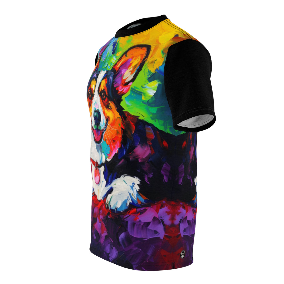 Color Me Corgi Unisex Bold Designer Tee - Capturing the Colorful Corgi Charisma with Phantom Black Sleeves
