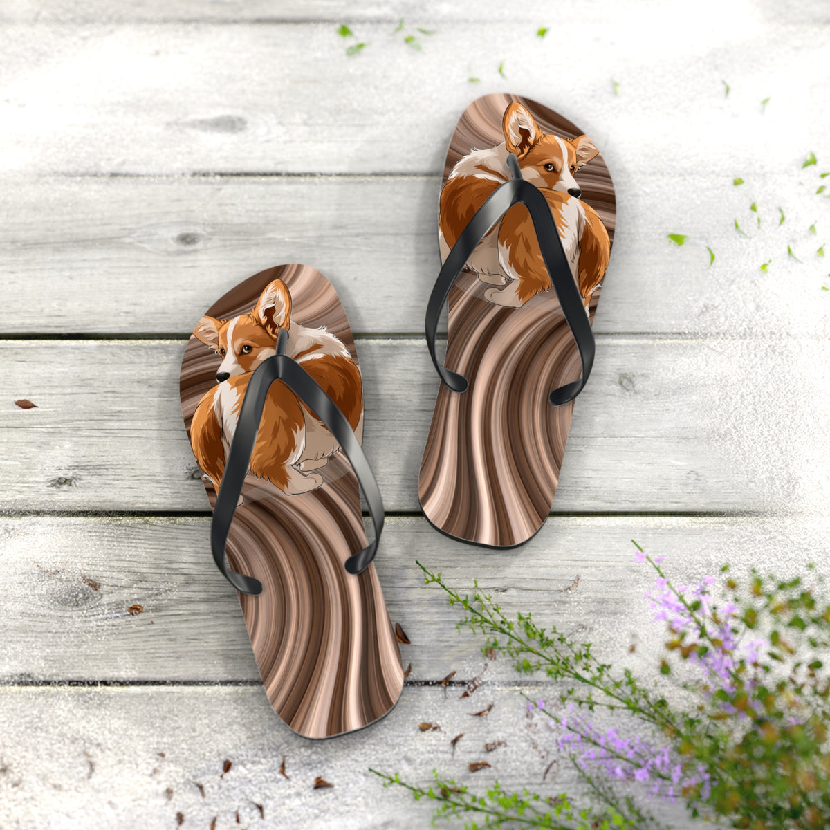 Butt What? Talk To The Butt Contemptuous Corgi Unisex Flip Flops – Comical Swirling Brown Corgi Beach Sandals