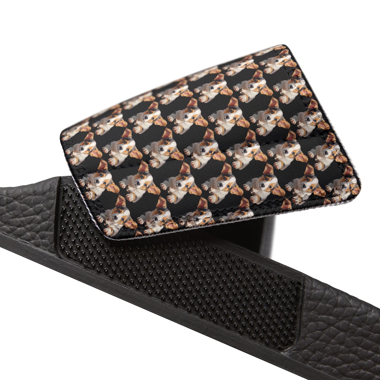 Puppy Corgi Portrait Mosaic Men's Black Slide Sandals - Casual Pool & Beach Slides