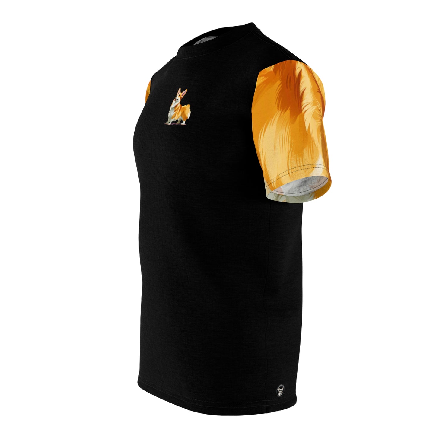 Classic Corgi Artistic Painting Unisex Bold Fashion Black Tee with Wavy Golden Sleeves