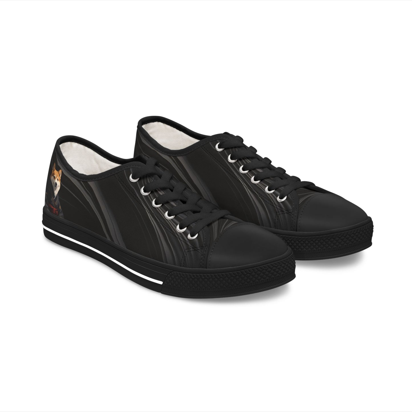 Samurai Corgi Black Swirl Women's Low-Top Casual Canvas Sneakers