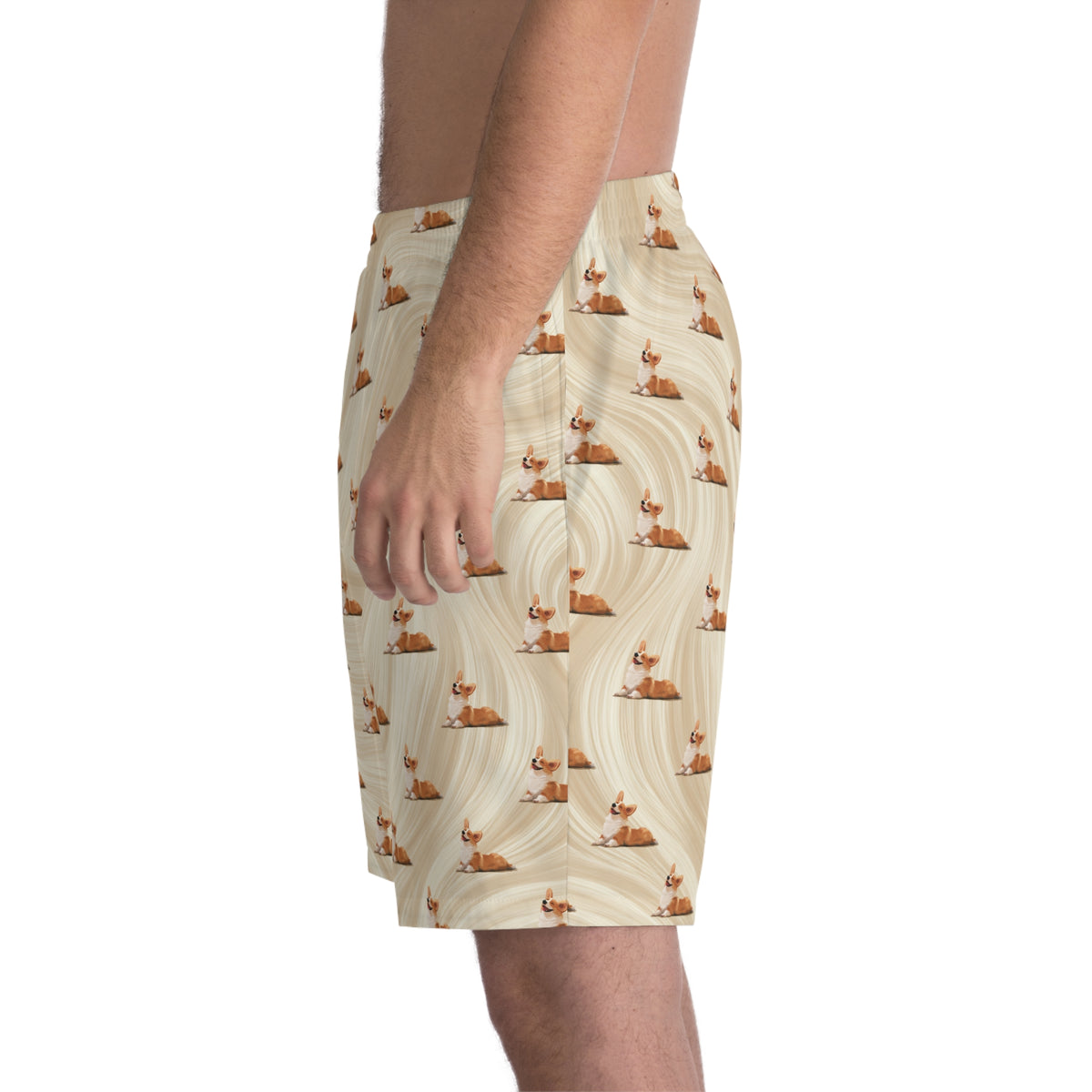 Giddy Sploot Board Shorts - Rich Creamy Champagne Corgi Theme Swimsuit