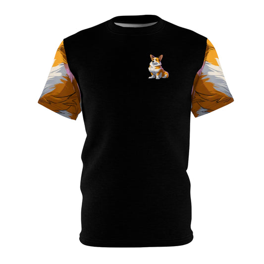 Boss Dog Unisex Bold Designer Tee - Corgi in Charge on Phantom Black with Color-Flow Brushstroke Sleeves