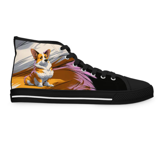 Boss Dog Women's High-Top Sneakers - Corgi in Charge on Phantom Black Canvas with Color-Flow Brushstroke Accents