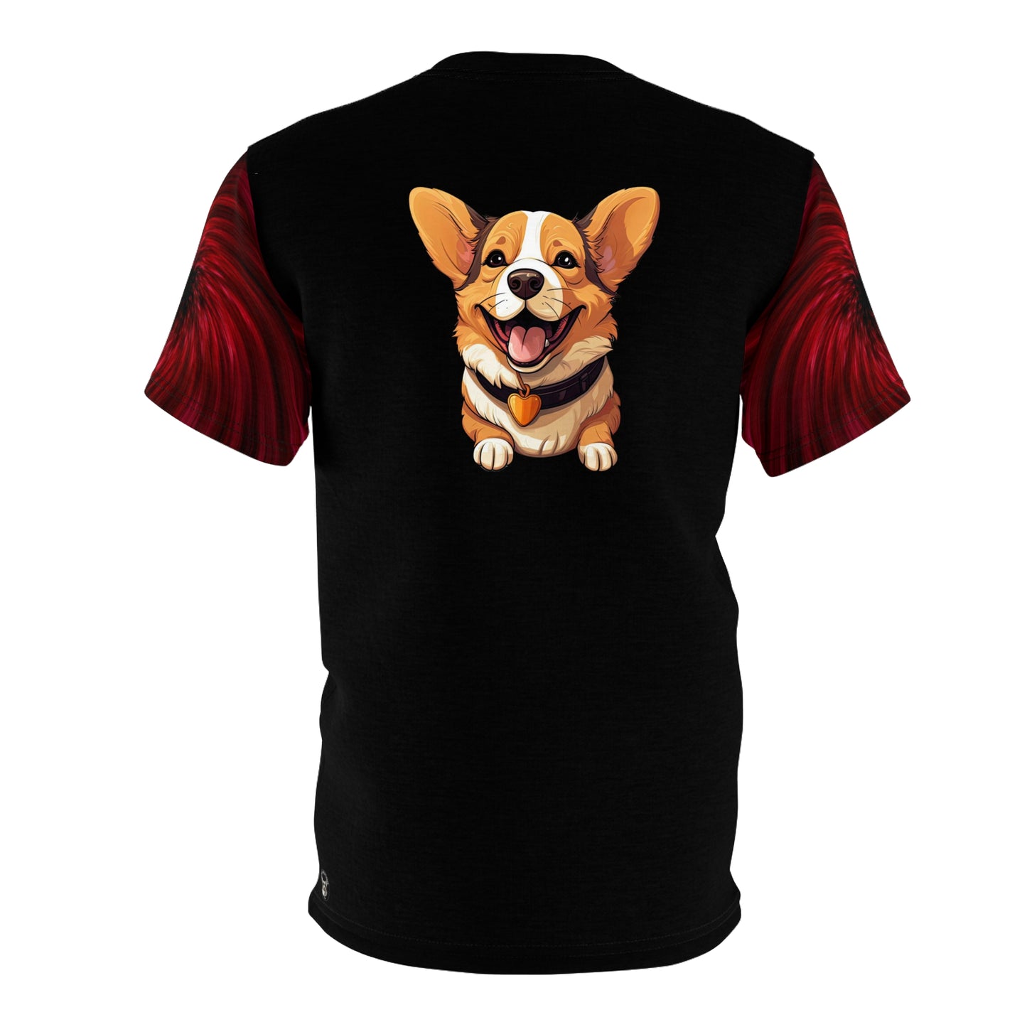 Puppy Love Artistic Corgi Illustration Unisex Bold Fashion Tee with Swirling Red Sleeve Accent