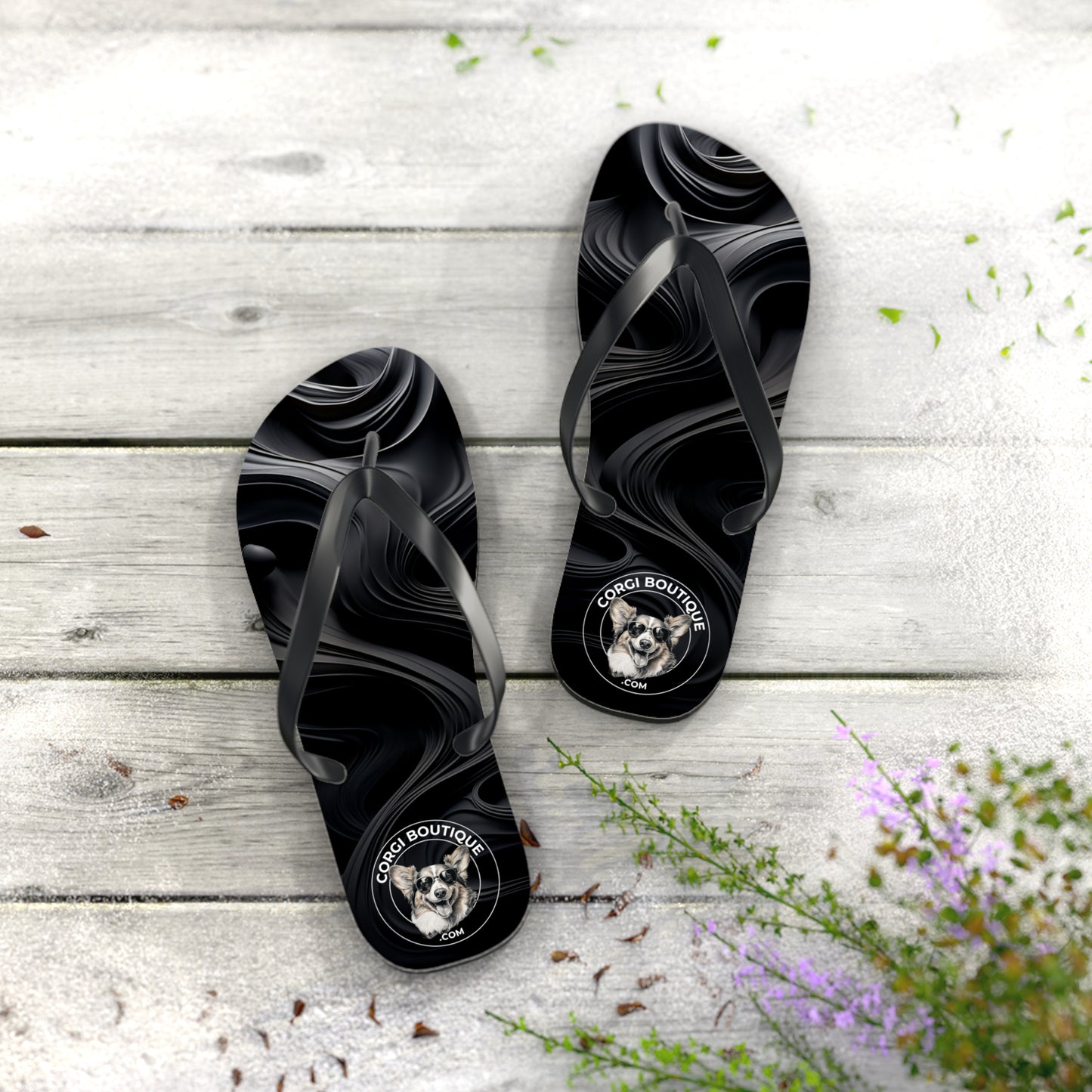 Corgi Boutique Black Swirl Flip Flops with our Custom Logo — Stylish Beach & Pool Sandals