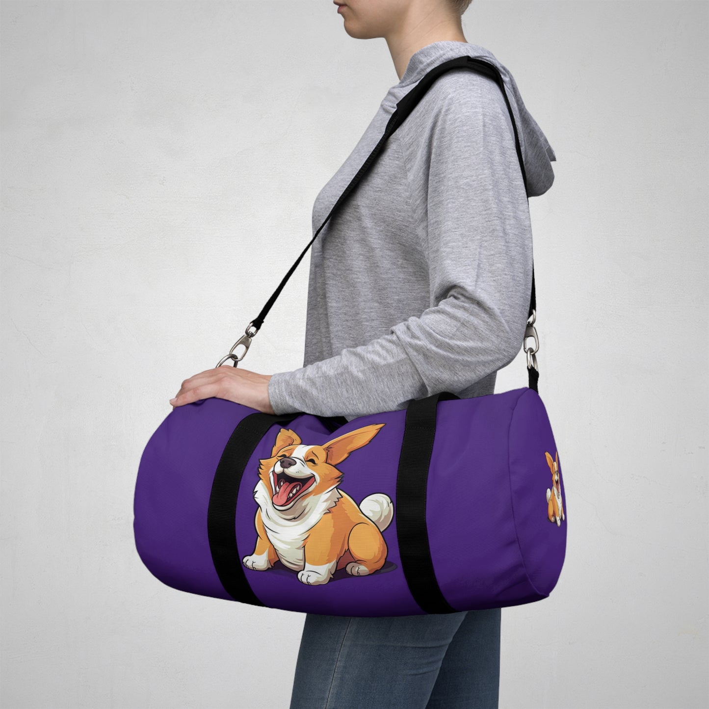 Jolly Jiggling Corgi Animation Duffel Bag - Cute Purple Corgi Travel Gym Bag