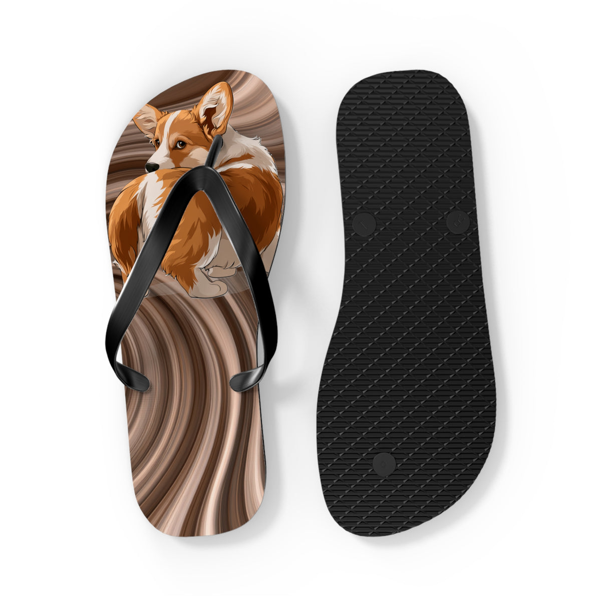 Butt What? Talk To The Butt Contemptuous Corgi Unisex Flip Flops – Comical Swirling Brown Corgi Beach Sandals