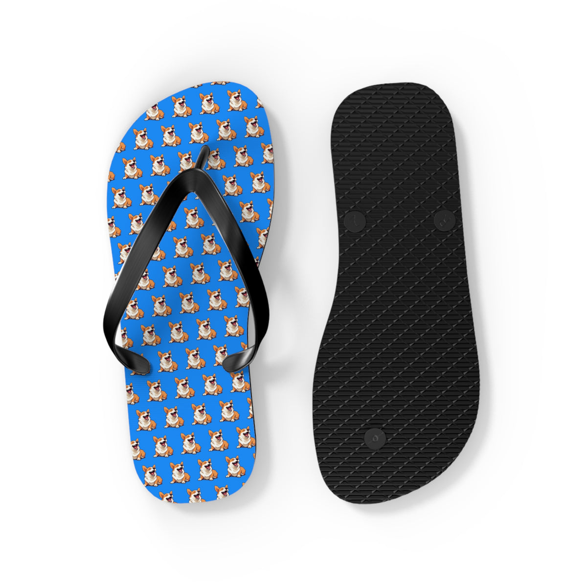 Comical Corgi All Smiles Repeater Pattern Artistic Unisex Flip Flops — Cute & Funny Corgi Themed Blue Sandals
