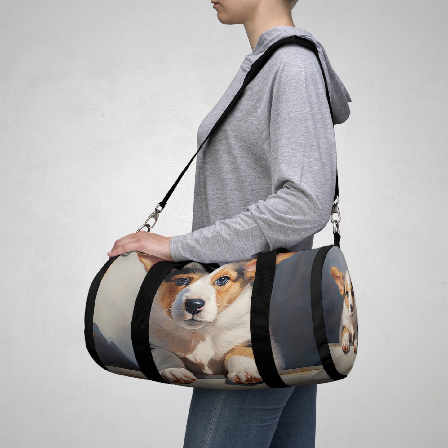 Puppy Dog Eyes Corgi Duffel Bag - Cute Corgi Black Travel Gym Bag
