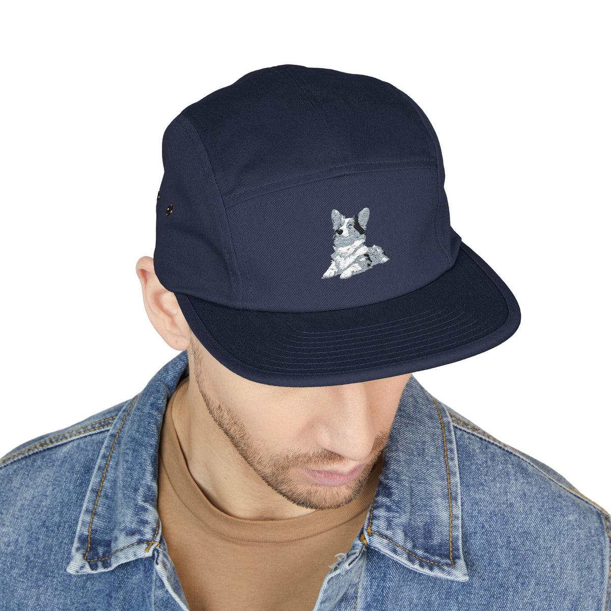 Blue Merle Majesty 5-Panel Embroidered Camp Cap — Designer Corgi Headwear in Monarch Navy or Phantom Black