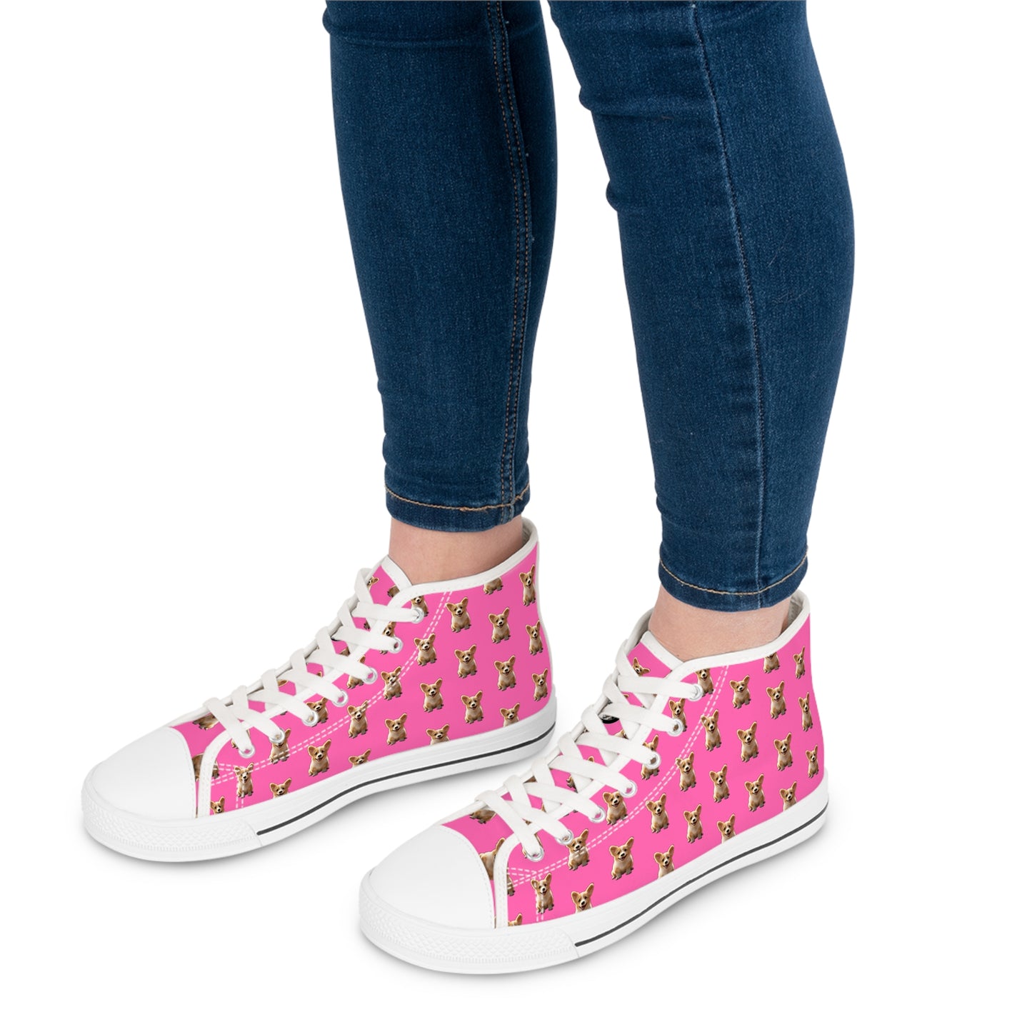 Sweetness Hot Pink Women's High Top Casual Canvas Sneakers - Corgi Mosaic Pattern