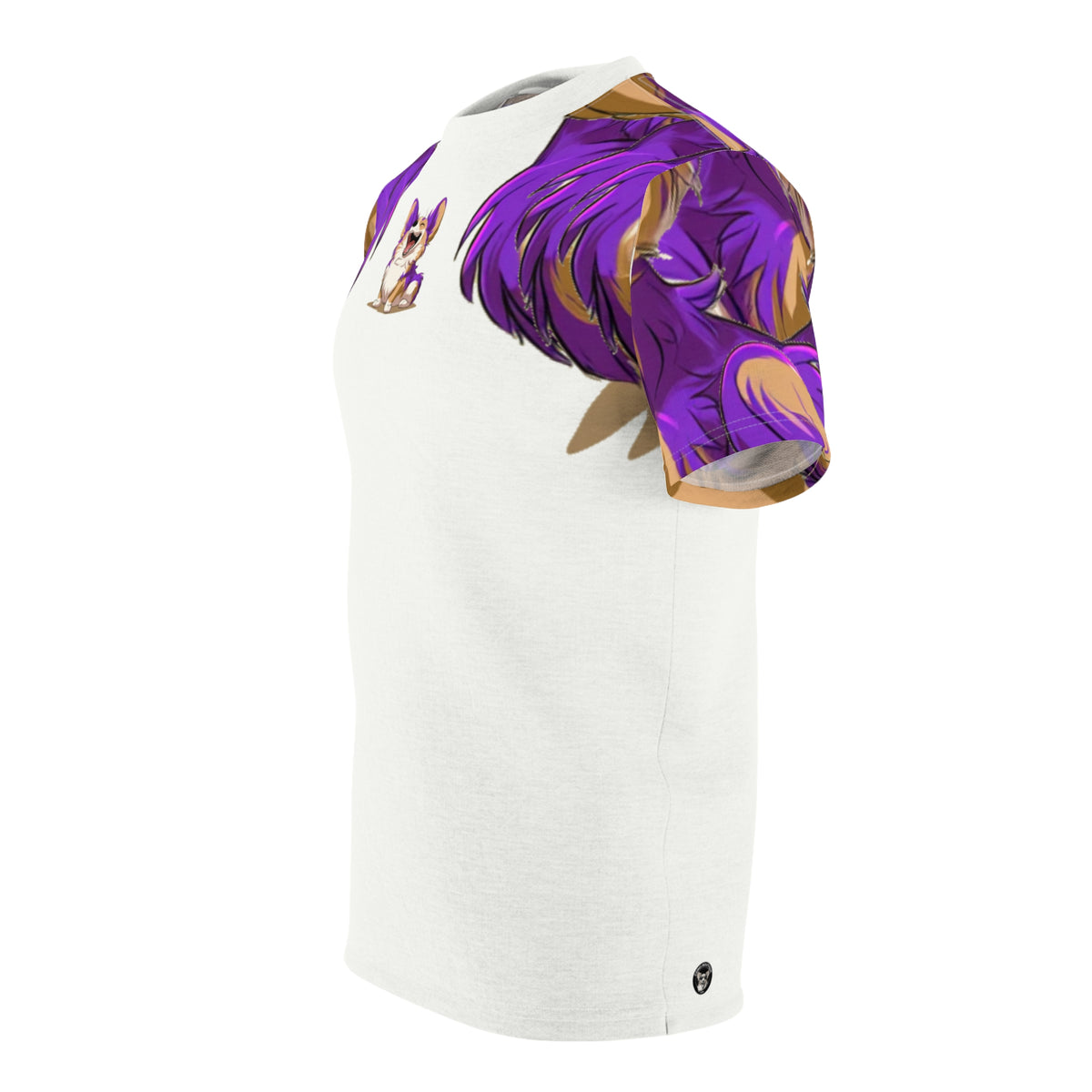Purple Patch Unisex Bold Designer Tee — Carefree Corgi on Marzipan White with Very Violet Fur-Effect Sleeves & Shoulders