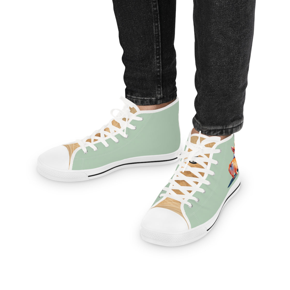 Corgi Classico Men's High-Top Sneakers - Watercolor Wiggler on Momo Mint Canvas with Flaxen Fawn Fur-Effect Tongues