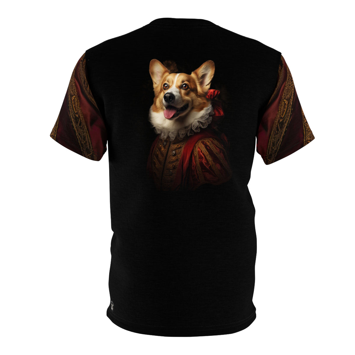 Renaissance in a Ruff Unisex Bold Designer Tee - Historic Corgi Portrait on Phantom Black with Antique Venetian Red Sleeves