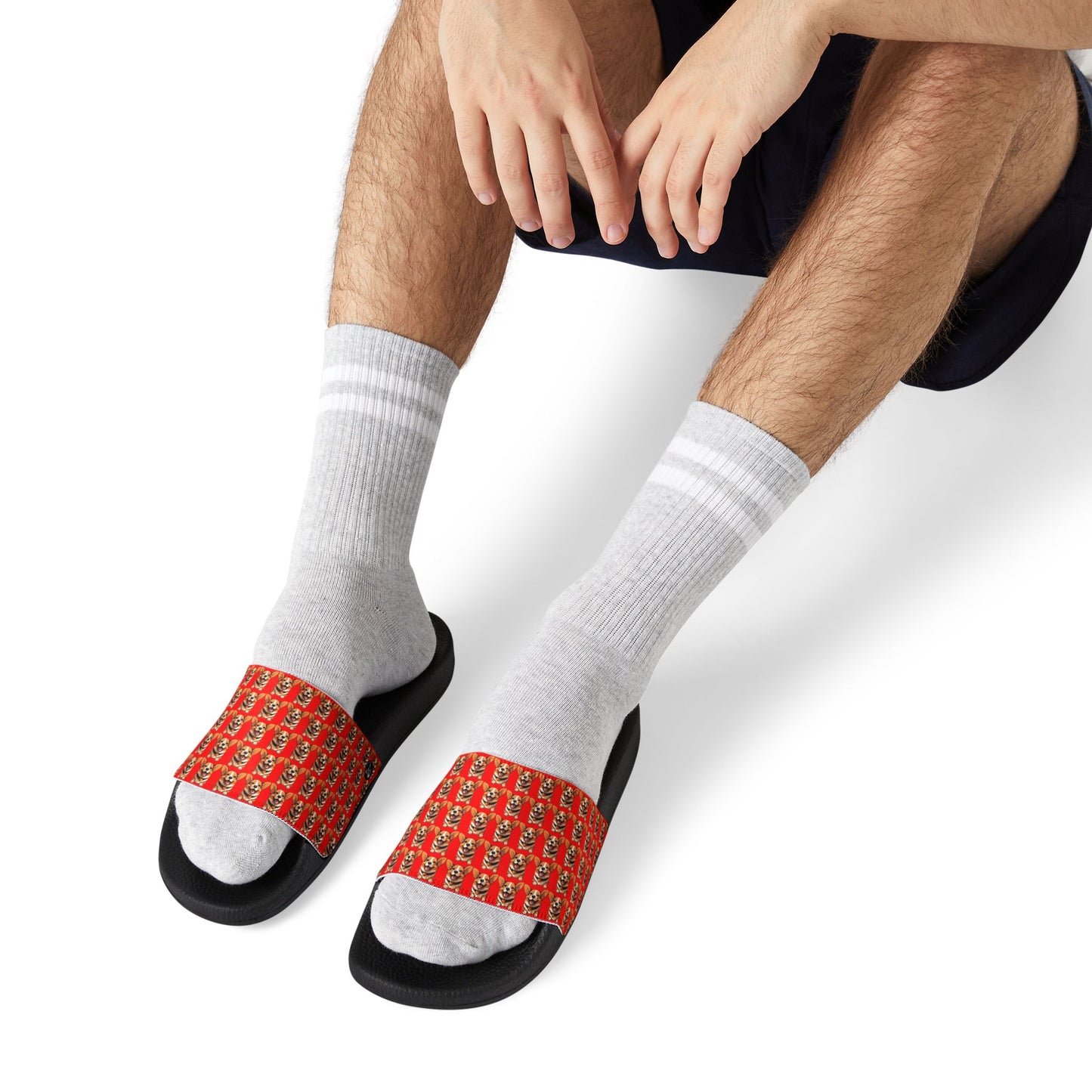 Puppy Love Smiling Corgi Mosaic Men's Red & Black Slide Sandals - Casual Pool & Beach Slides
