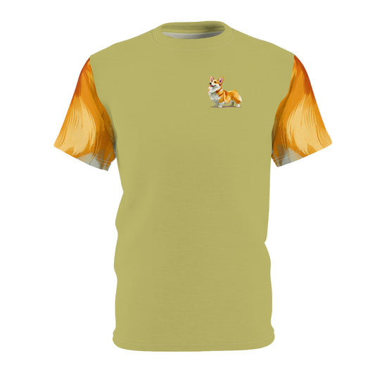 The Queen's Grand Companion Unisex Bold Designer Tee - Her Majesty's Pick of the Litter on Kakicha Khaki with Golden Mane Sleeves
