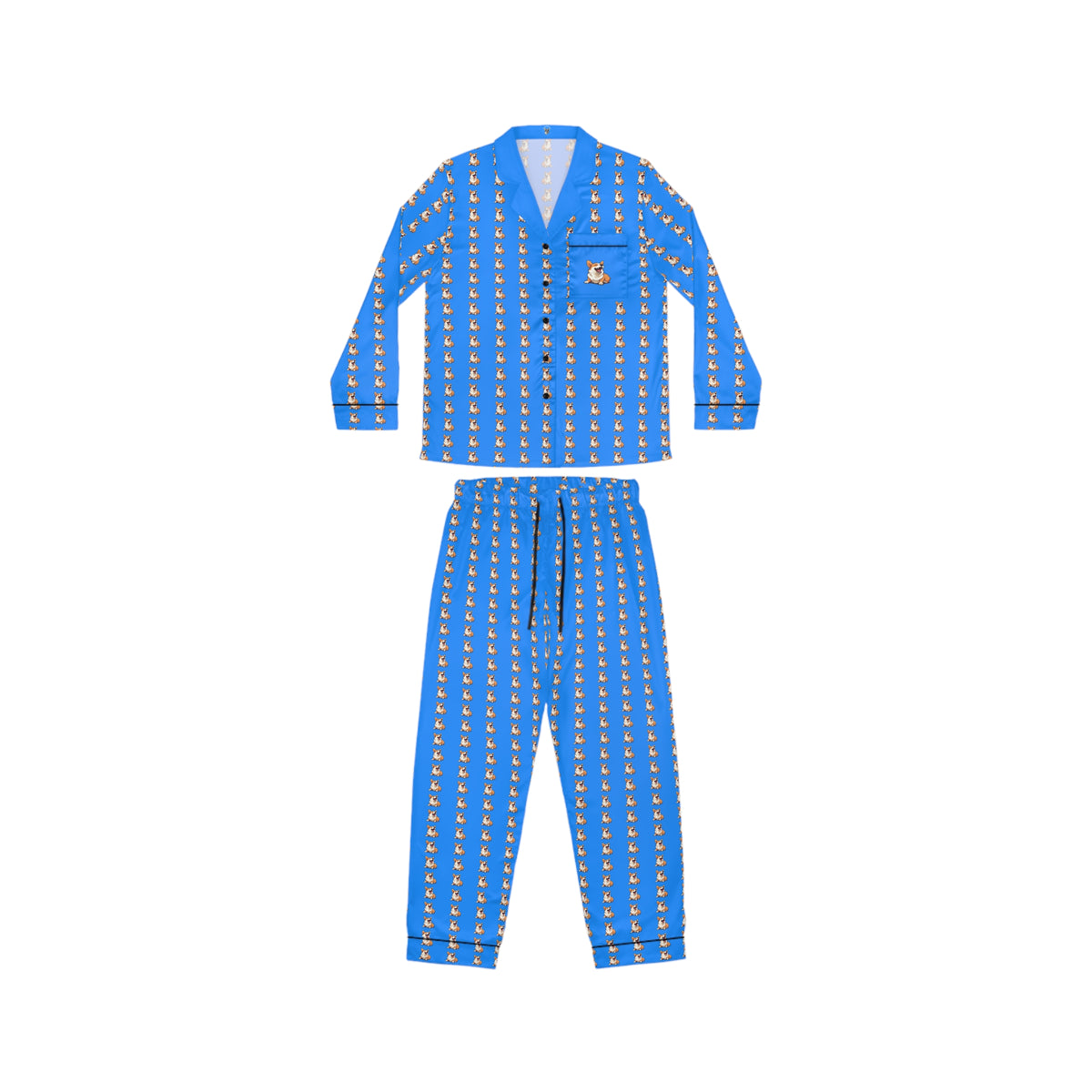 Comical Corgi All Smiles Repeater Stripes Blue Silky Pajamas