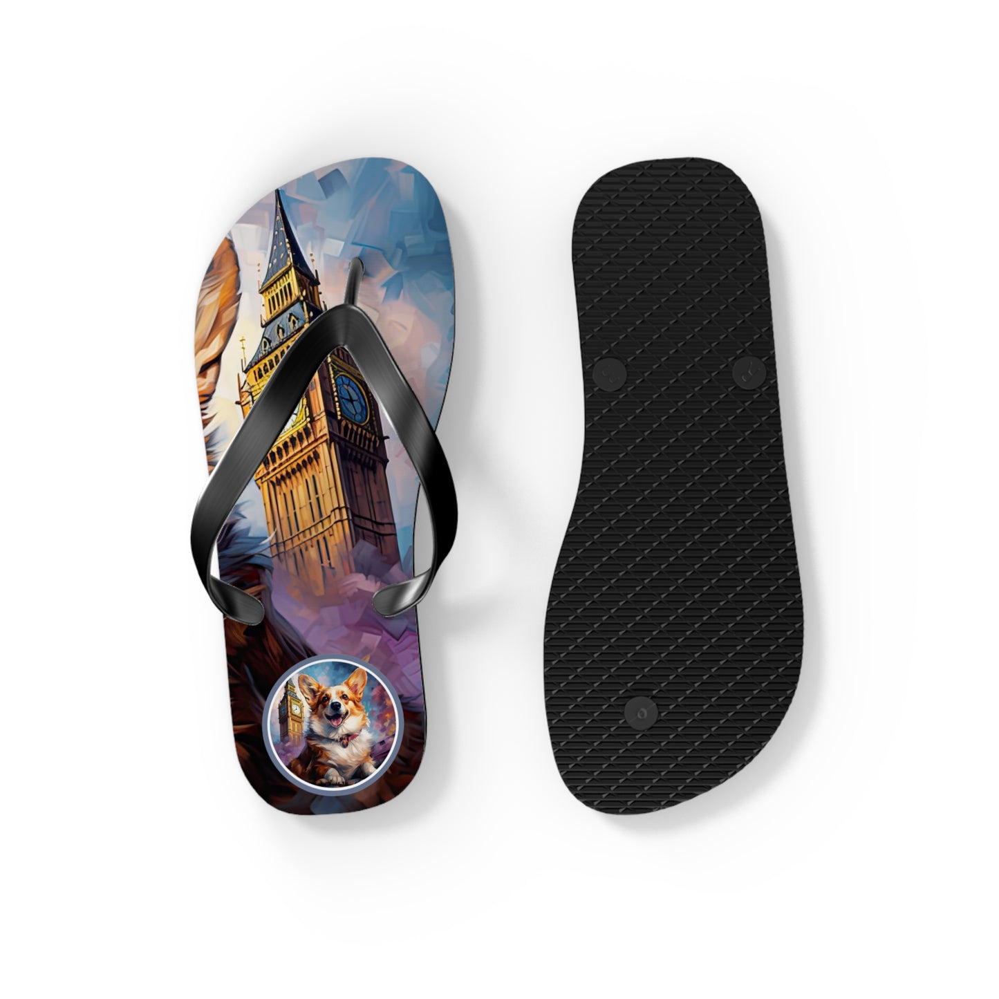 Corgi & Big Ben Artistic Unisex Flip Flops — London Themed Corgi Sandals
