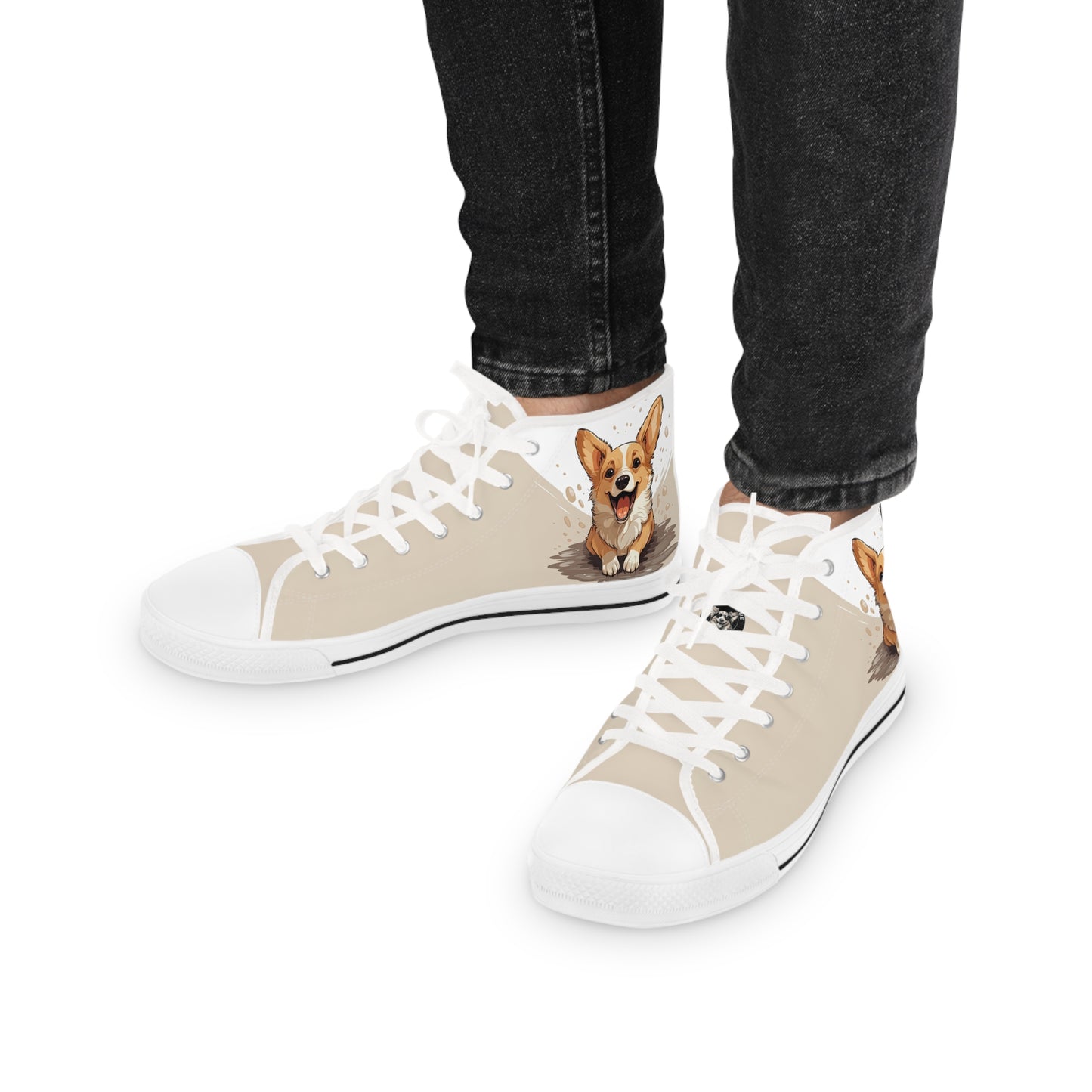 Corgi Cuteness Anime Print Men's High Top Casual Beige & White Canvas Sneakers