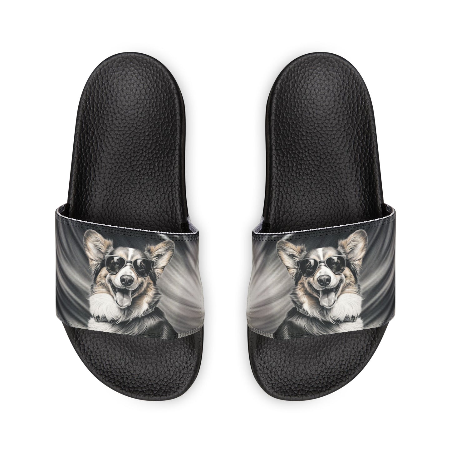 Corgi Cool Portrait in Shades Men's Black & White Slide Sandals - Casual Pool & Beach Slides