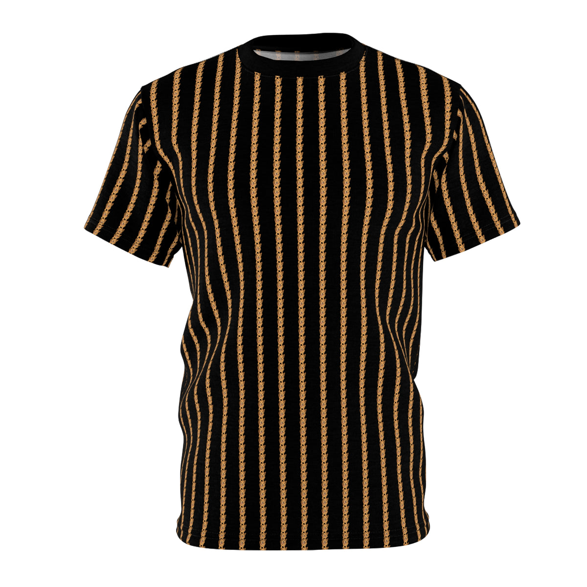Vivacious Effervescence Pinstripes Unisex Bold Designer Tee - Golden Glow Corgi Repeater on Phantom Black