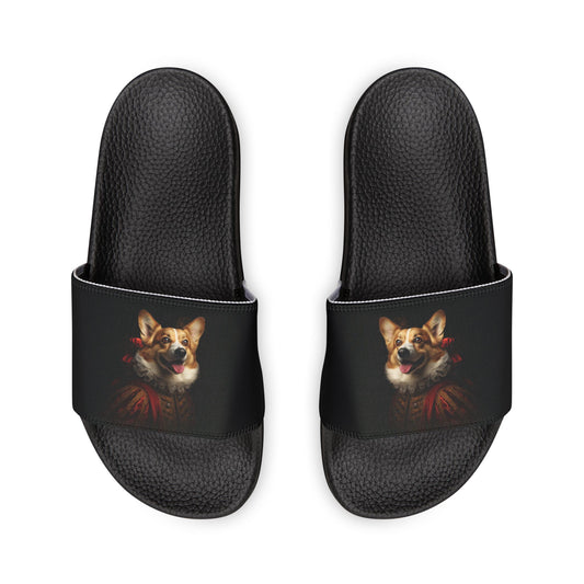 Renaissance Corgi in a Ruff Artistic Historic Men's Black Slide Sandals - Casual Pool & Beach Slides