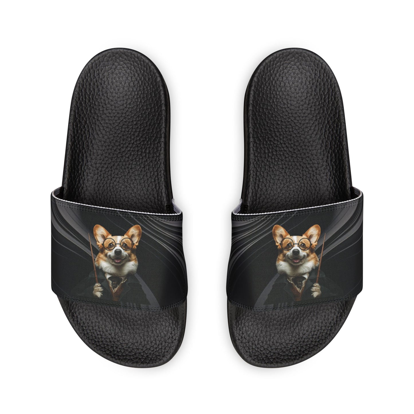 Corgi Potter Magic Wand Men's Black Swirl Slide Sandals - Casual Pool & Beach Slides
