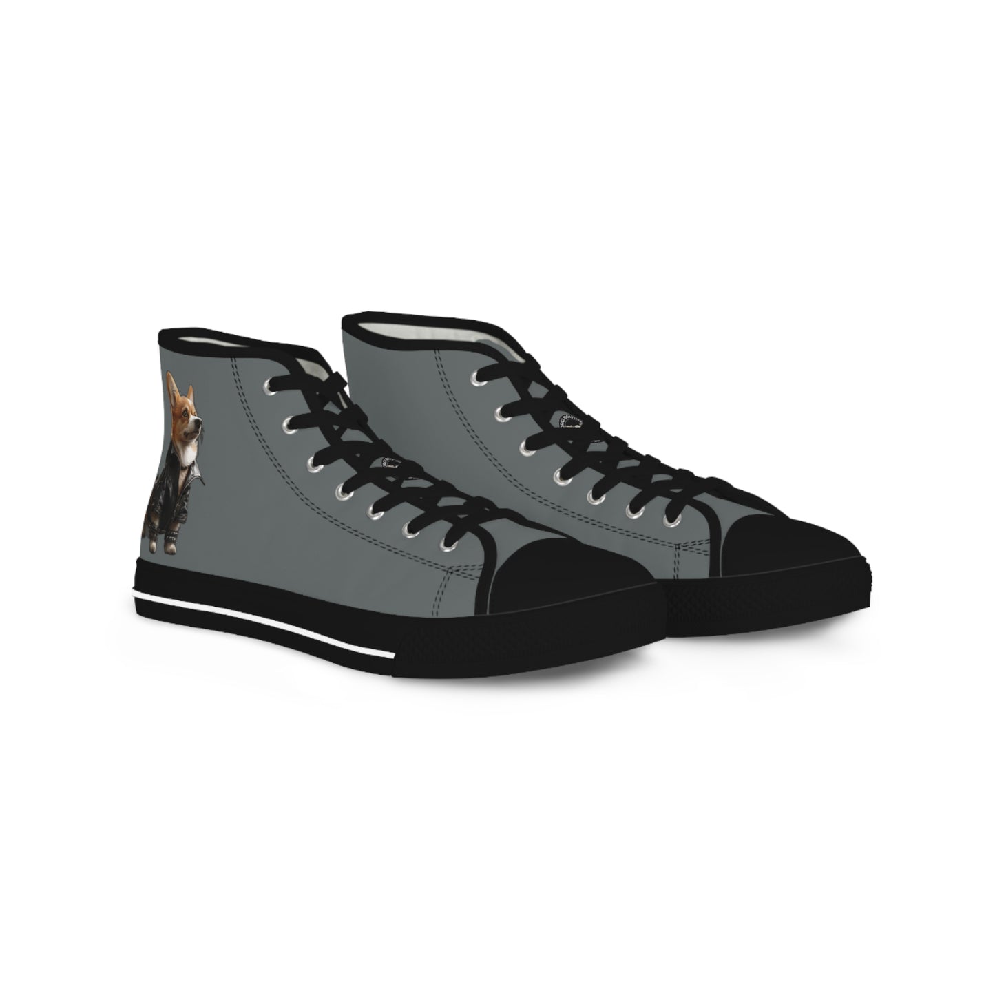 Leader of the Pack Men's High Top Casual Dark Gray Canvas Sneakers with a Leather-Clad Corgi