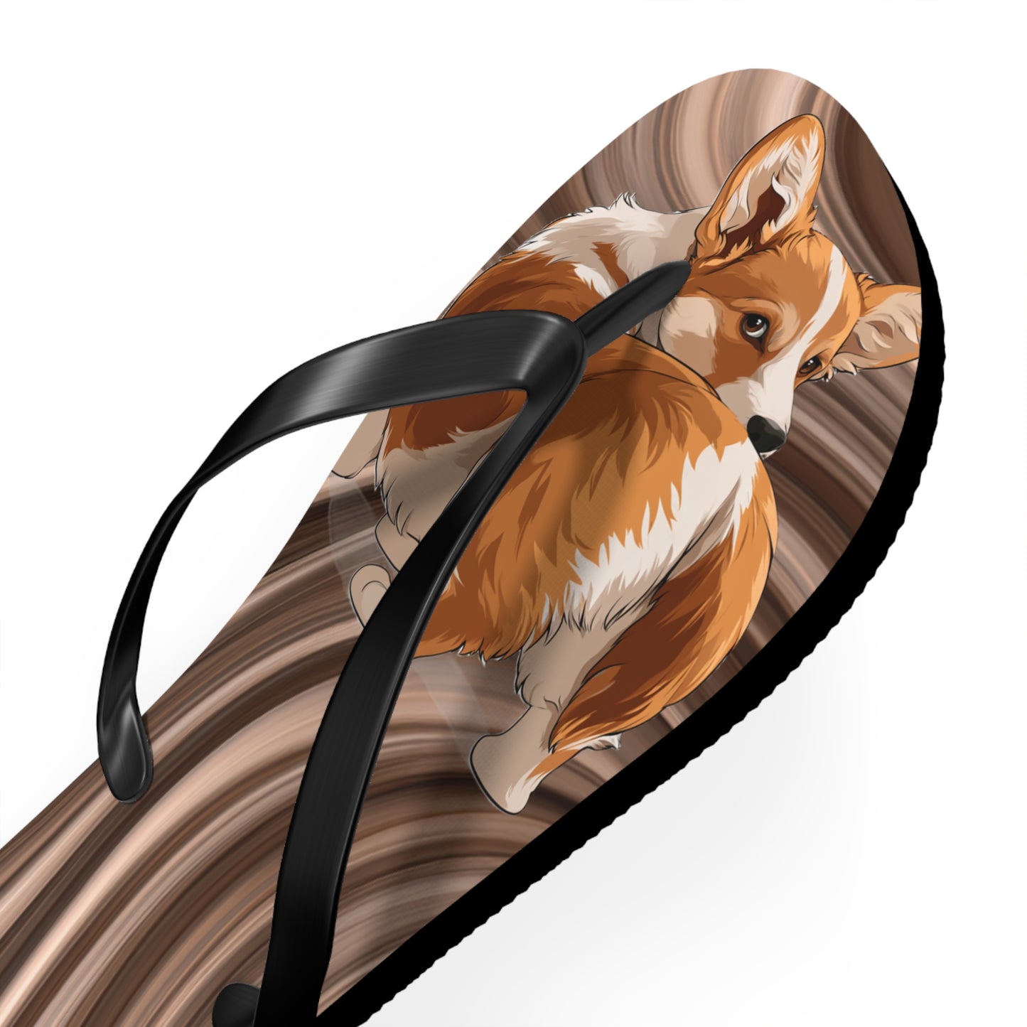 Butt What? Talk To The Butt Contemptuous Corgi Unisex Flip Flops – Comical Swirling Brown Corgi Beach Sandals