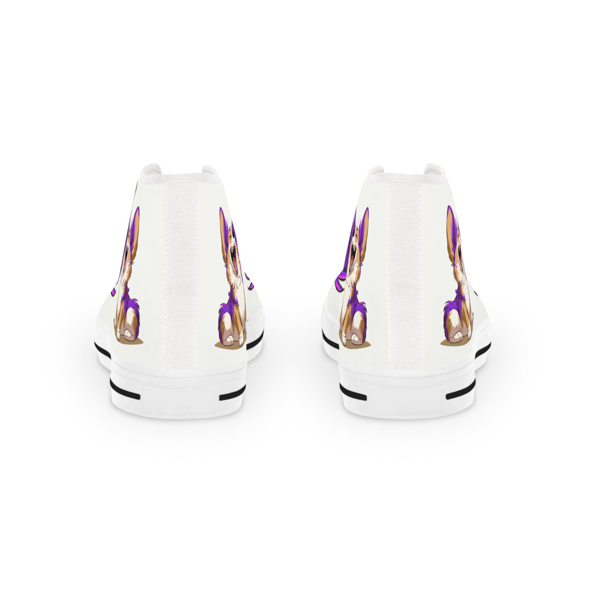 Purple Patch Men's High-Top Sneakers - Carefree Corgi on Marzipan White Canvas with Very Violet Fur-Effect Accents