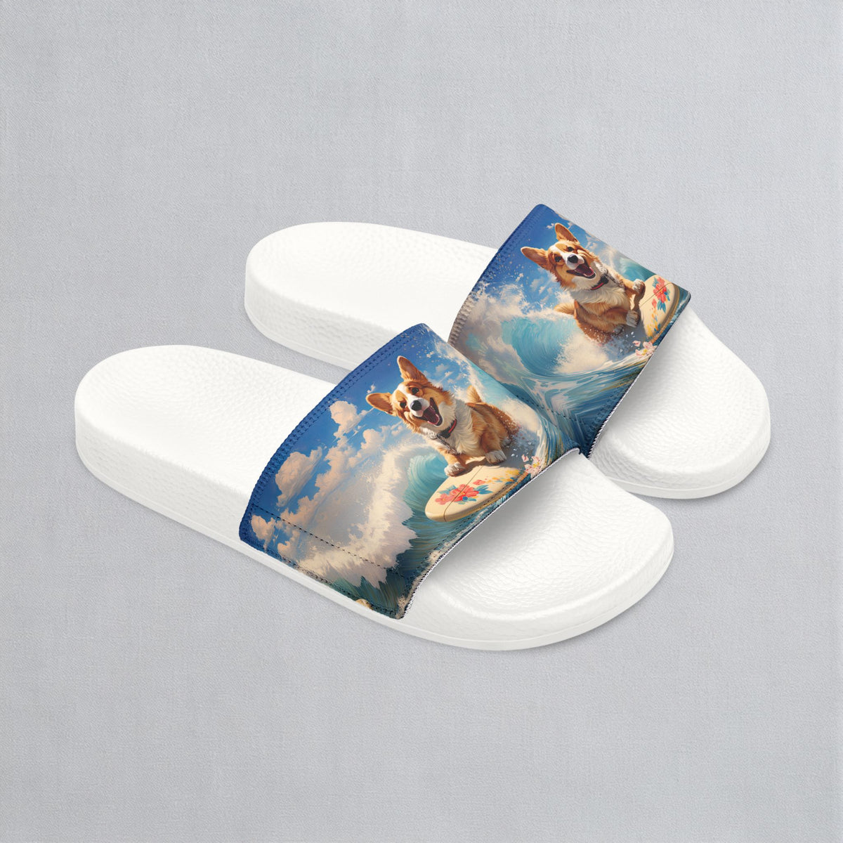 Cowabunga Corgi Big Blue Ocean Wave Women's Slide Sandals - Casual Pool & Beach Slides