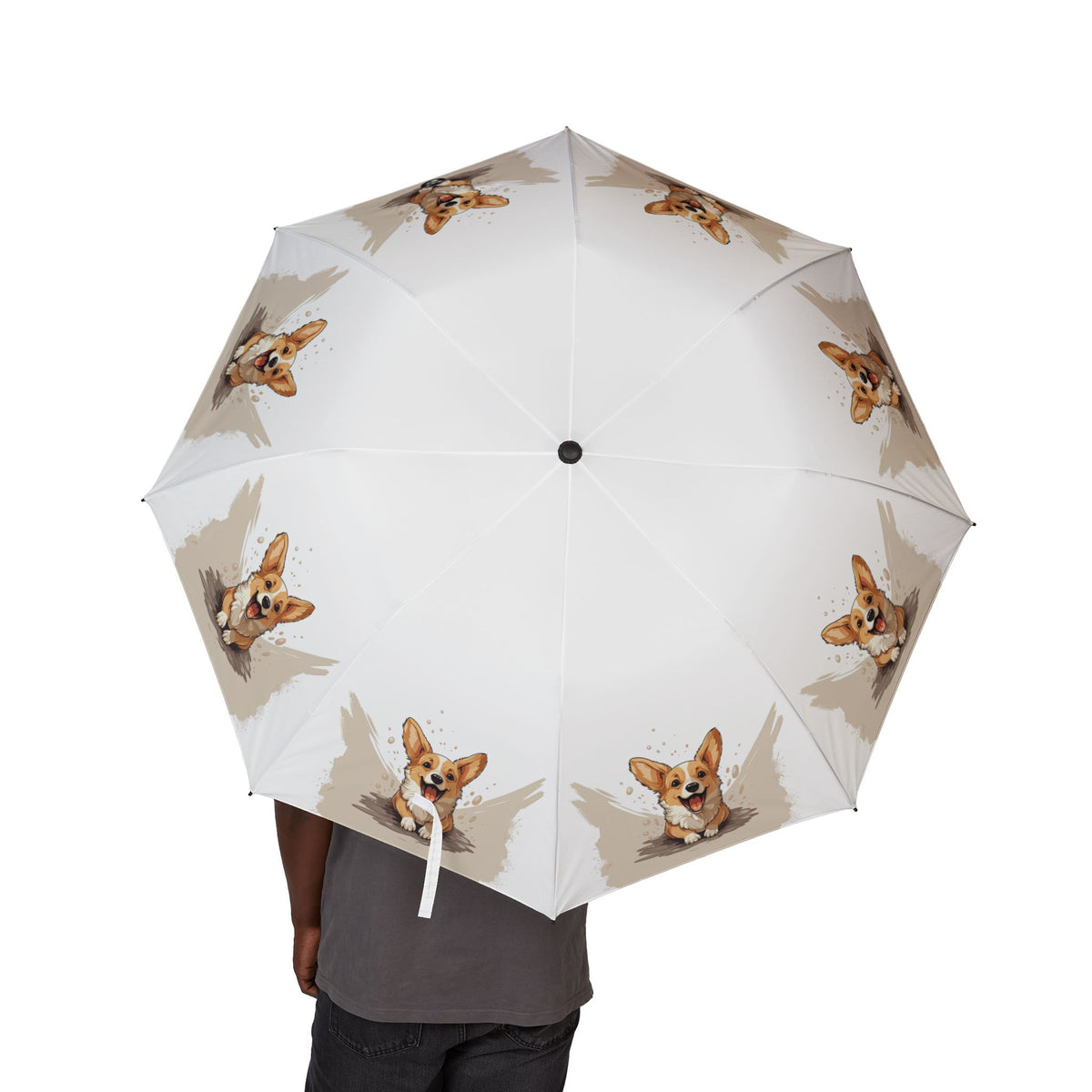 Corgi Cuteness Anime Foldable Umbrella — Beige & White Rain Parasol