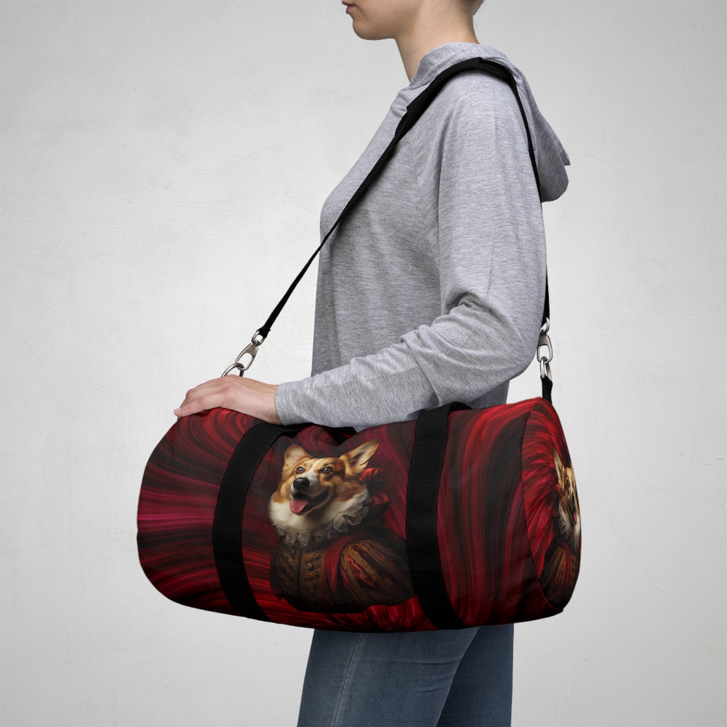 Renaissance Corgi in a Ruff Duffel Bag - Historic Corgi Black & Red Travel Gym Bag