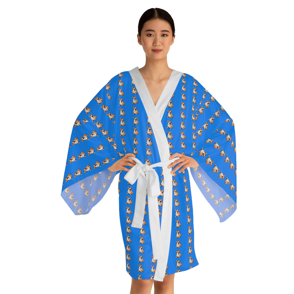 Comical Corgi All Smiles Repeater Stripes Blue Kimono Robe
