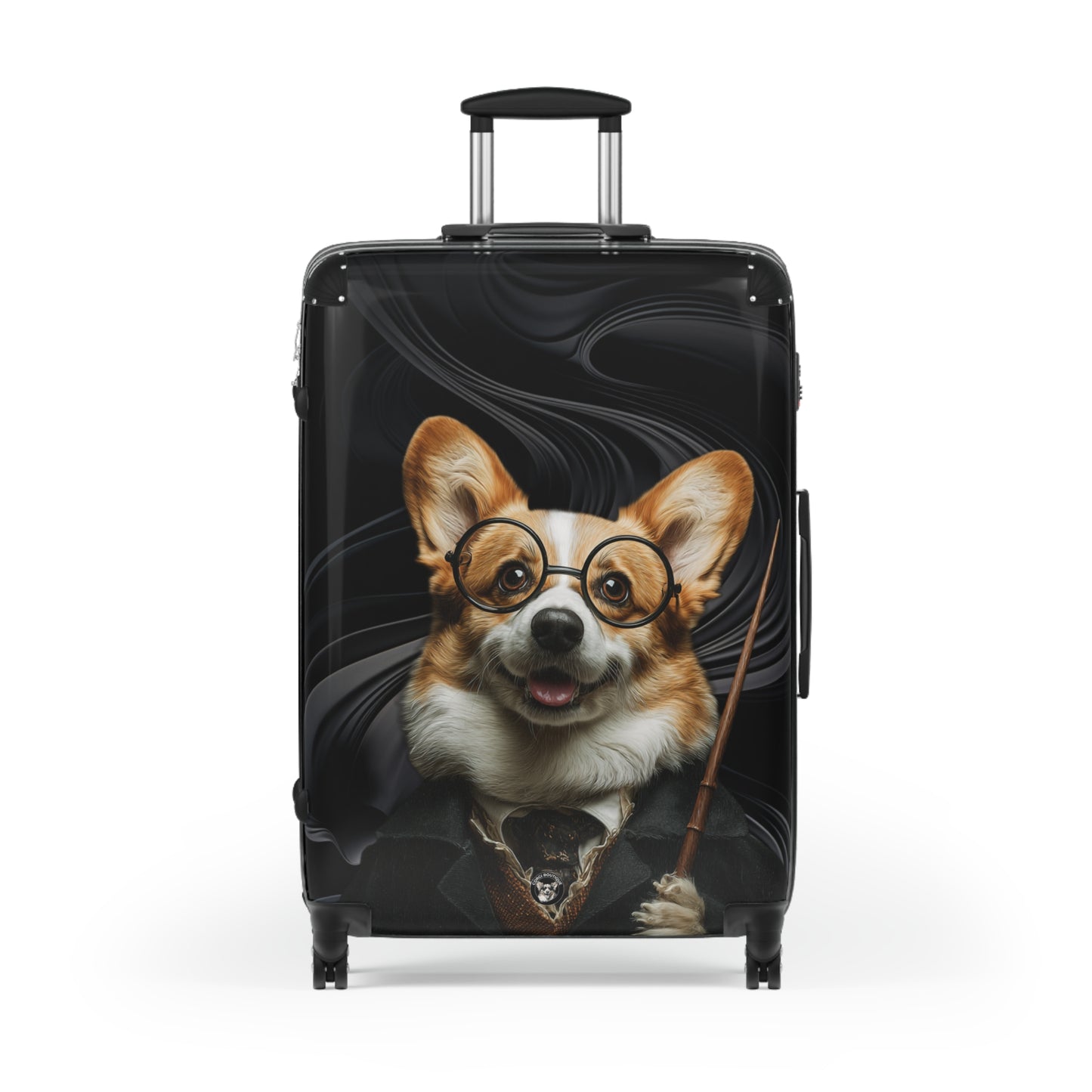 Corgi Potter Magic Wand Suitcases – Wizard Theme Swirling Black Rolling Luggage