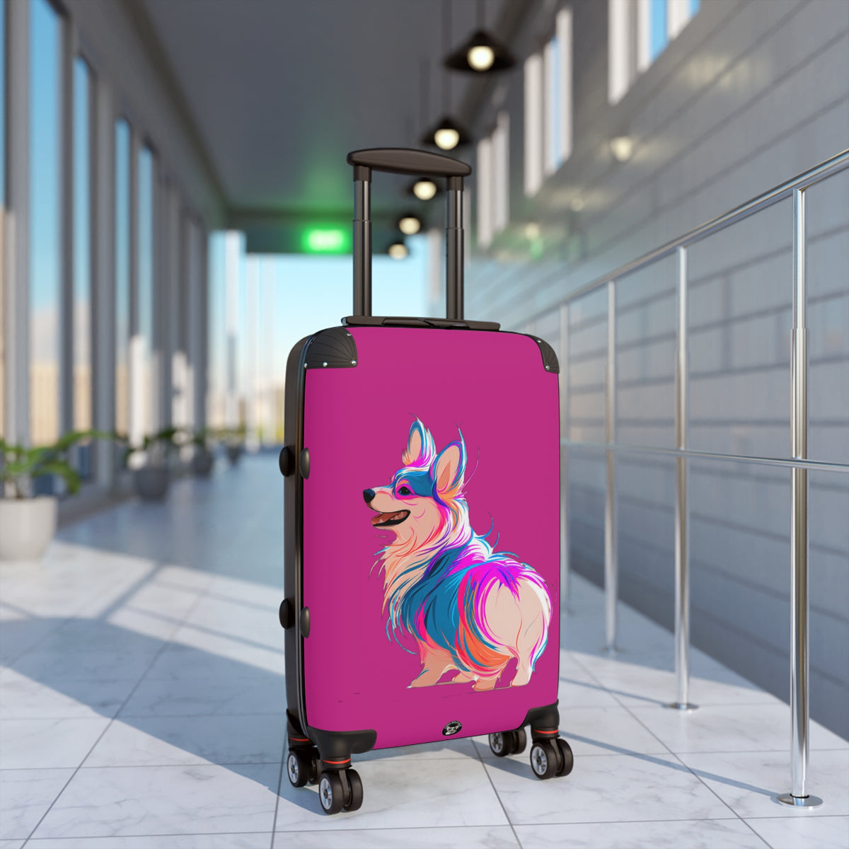 Party Punk Rock Pup Colorful Corgi Suitcases — Vibrant Fuchsia Rolling Luggage