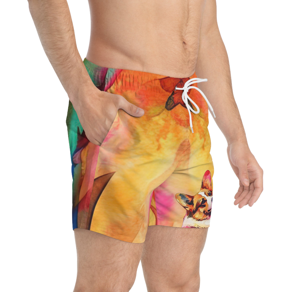 Motley Corgi Swim Trunks - Watercolor Corgi Swimsuit