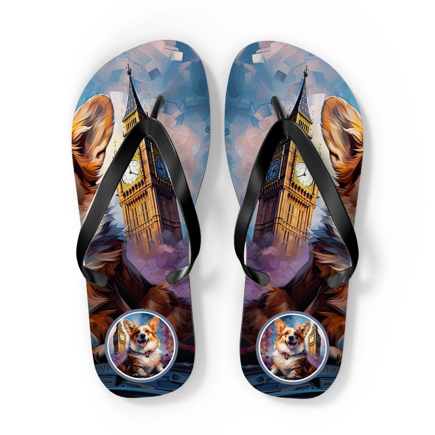 Corgi & Big Ben Artistic Unisex Flip Flops — London Themed Corgi Sandals