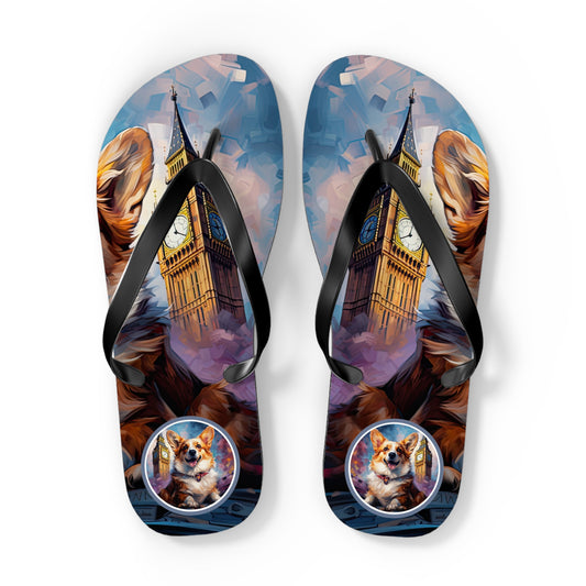 Corgi & Big Ben Artistic Unisex Flip Flops — London Themed Corgi Sandals