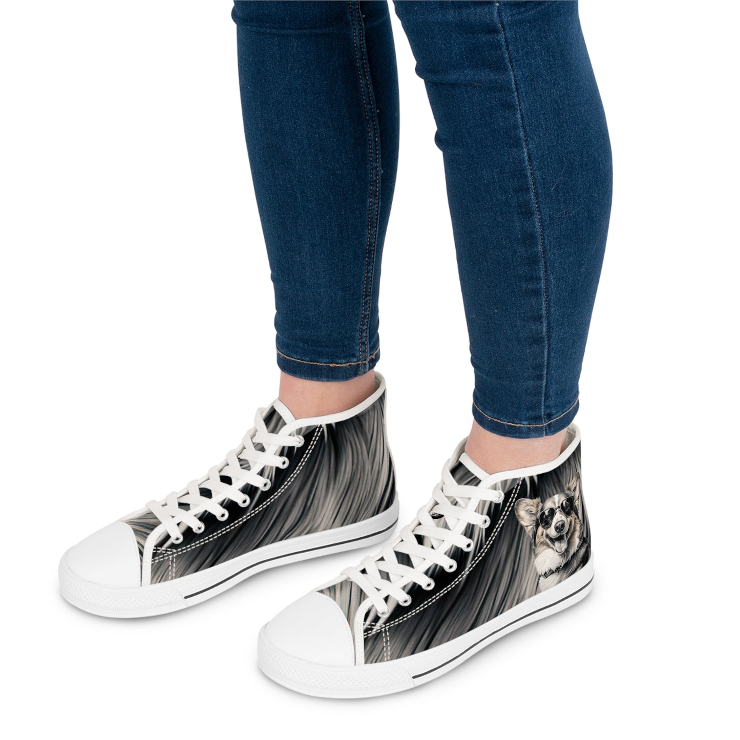 Corgi Cool Portrait in Shades Women's High Top Casual Black & White Canvas Sneakers