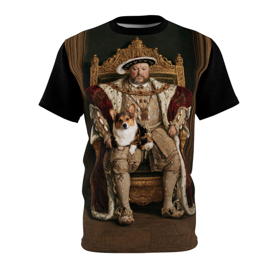 King's Best Friend Unisex Bold Designer Tee - Corgi Tudor with Henry VIII Throned on Phantom Black