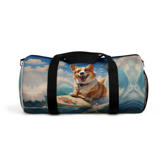 Cowabunga Surfing Corgi Duffel Bag - Fun Beach Theme Corgi Travel Gym Bag